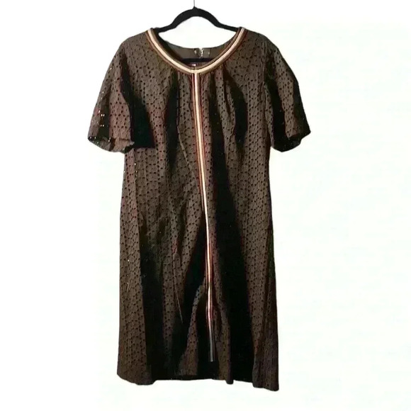 Vintage Herbert Levy brown eyelet lace dress with satin trim wear to work - Picture 1 of 4